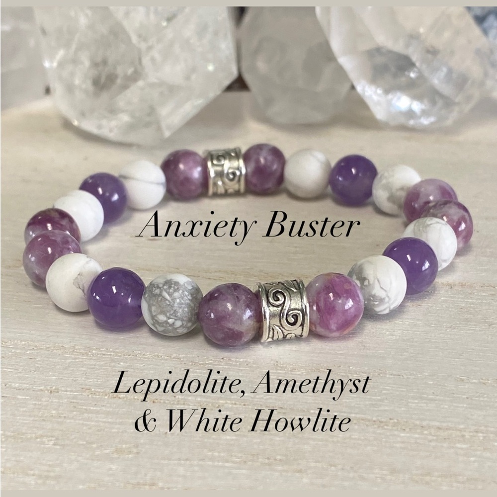 2/$40 Anxiety Buster Lepidolite, Amethyst & Howlite Gemstone Stretch Bracelet